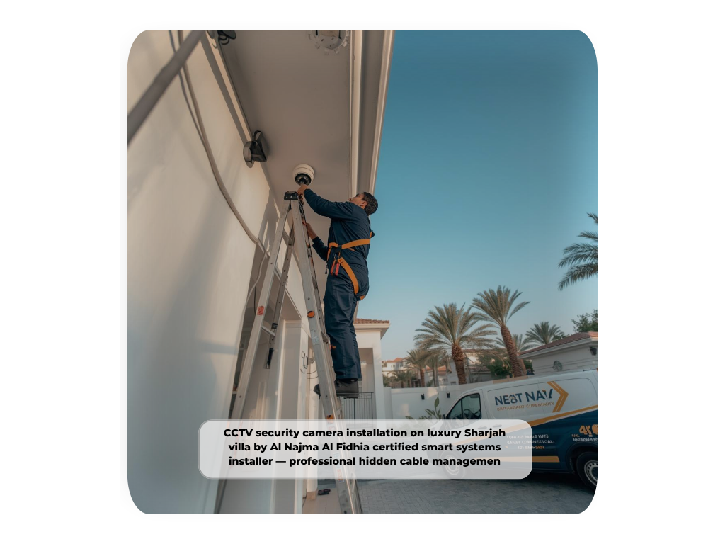 CCTV security camera installation on luxury Sharjah villa by Al Najma Al Fidhia certified smart systems installer — professional hidden cable management