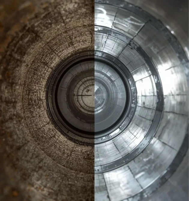 Commercial kitchen exhaust duct before and after professional deep cleaning — grease removal and fire safety compliance by Al Najma Al Fidhia Sharjah