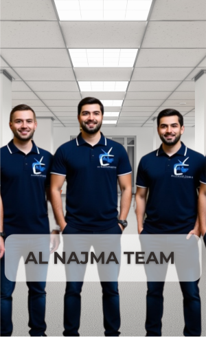 Professional-team-photo-of-5-technicians-in-matching-clean-navy-blue-polo-uniforms-with-gold-embroid