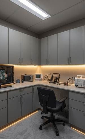 : Al Najma Al Fidhia premium electronics repair workshop interior at Muwaileh Commercial Sharjah — organized professional workspac