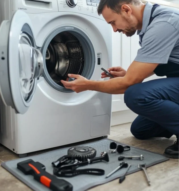 EXT: Washing machine repair home visit service in Sharjah — motor pump and drum fix by Al Najma Al Fidhia certified home appliance technician